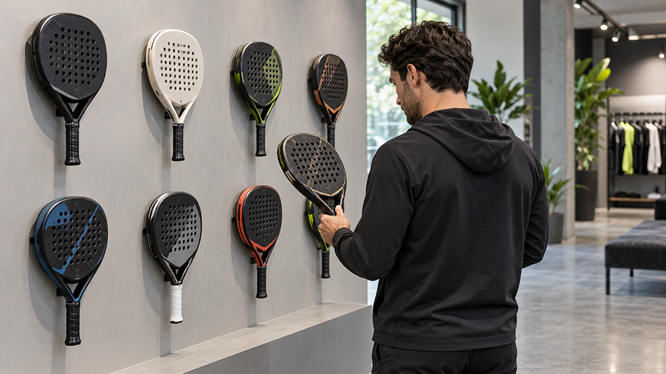 Cliente comparando palas en una exposici&oacute;n ordenada de una tienda de p&aacute;del